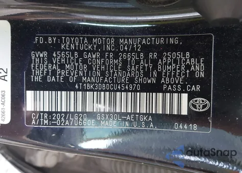 2012 Toyota Avalon из США, поврежденный, VIN 4T1BK3DB0CU454970